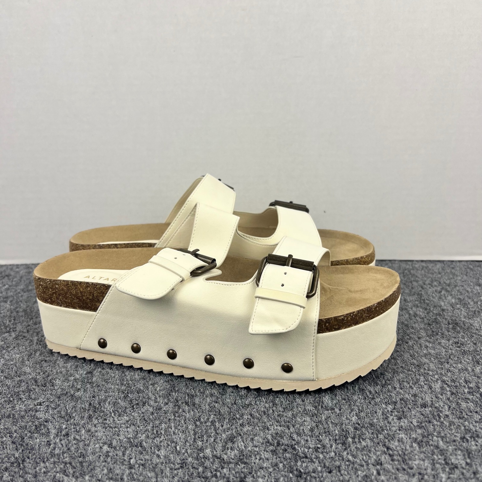 Altar'd State Cream Platform Slide S Double Buckle Studded Cork Midsole